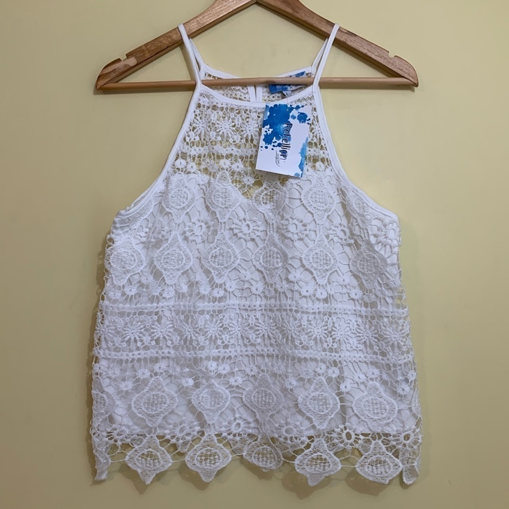 Rebellion | NWT White Floral Lace Crochet Racerback Tank Camisole Top L - Picture 3 of 17